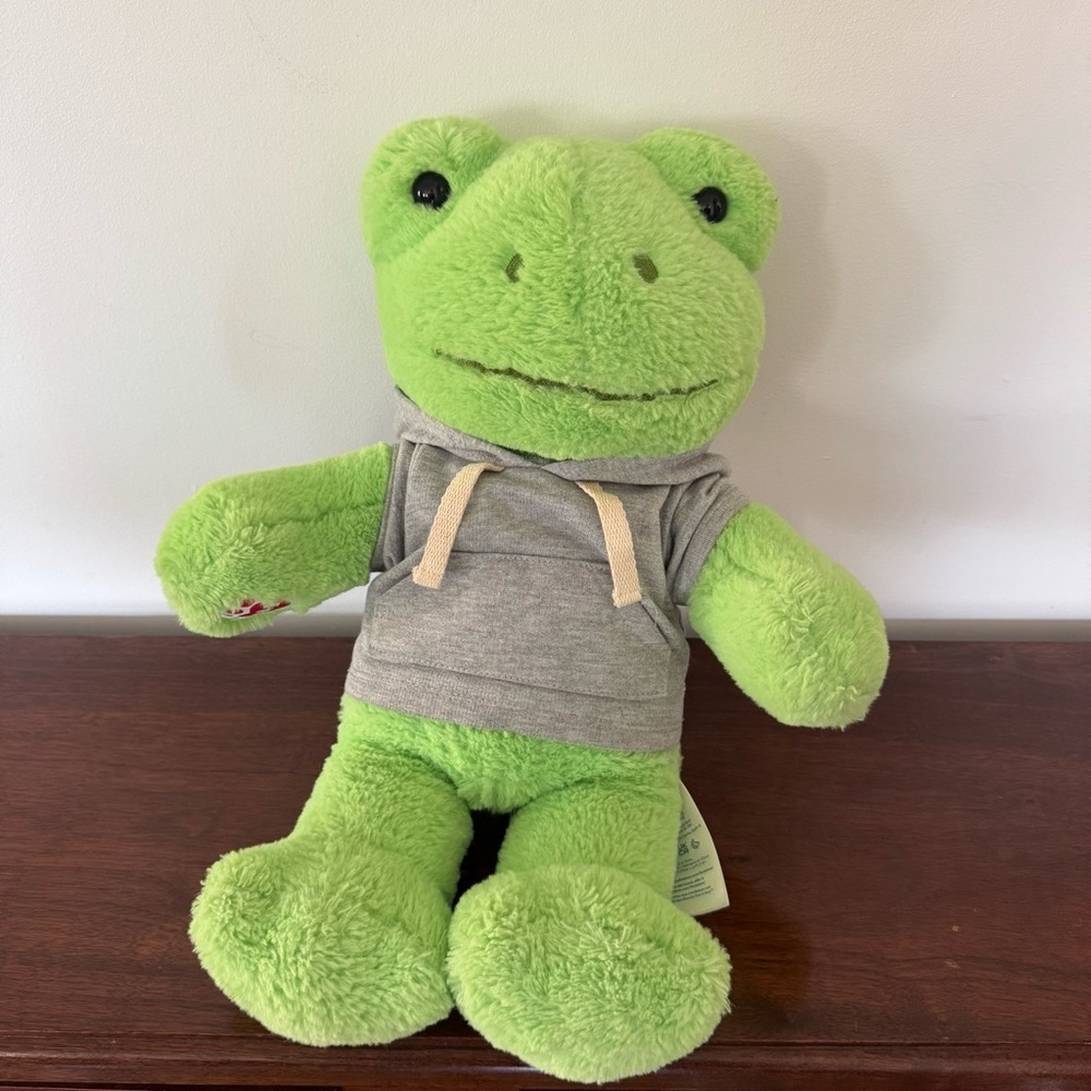 Build A Bear BABW Spring Green Frog Plush 16” Stuffed Animal With Gray Hoodie